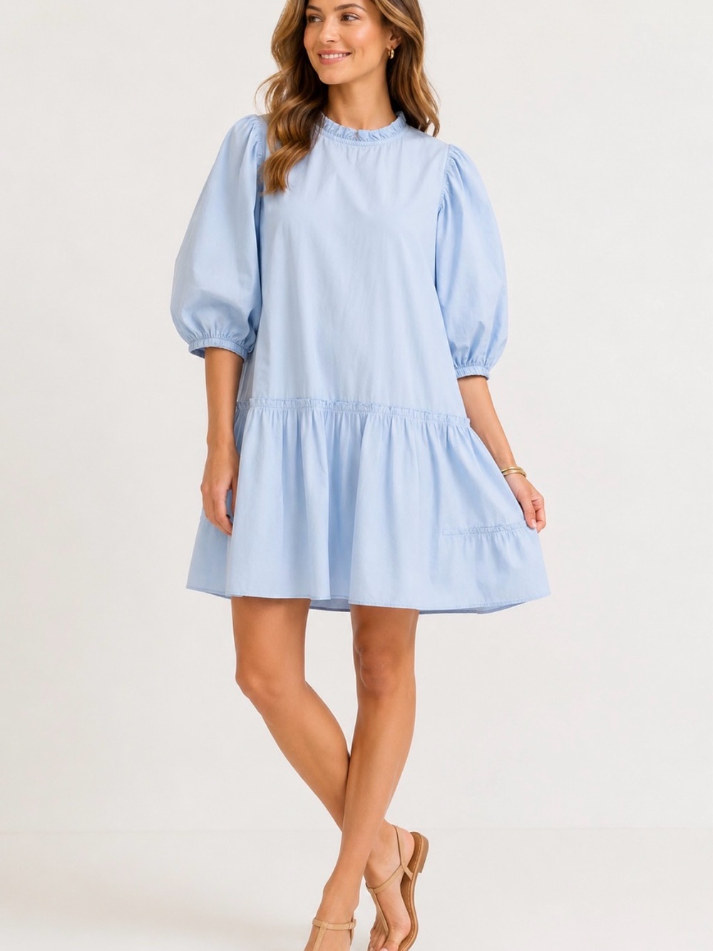 NWT Mud Pie Blue Poplin Puff Sleeve Ruffle Neck Mini Dress Size Large